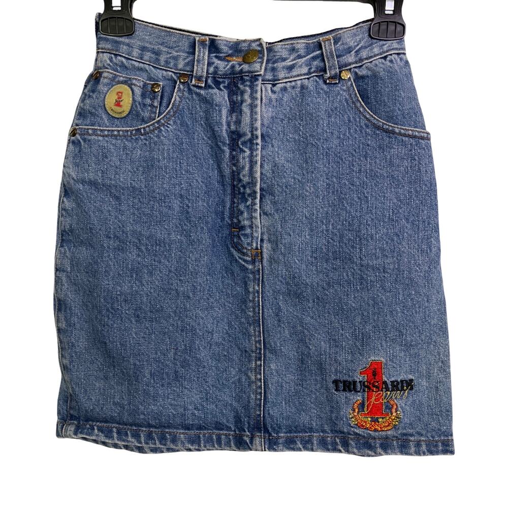 Trussardi Jeans Denim Mini Skirt Embroidered Logo Italy Vintage Size 26 90's Y2K